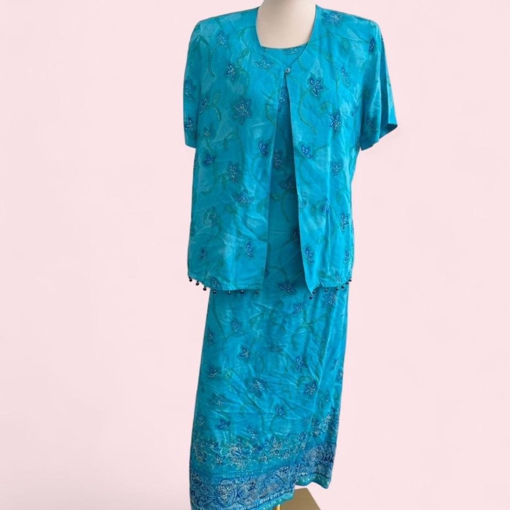 Vintage Nicole Studio NY turquoise two-piece dress set with beaded‎ trim 12
